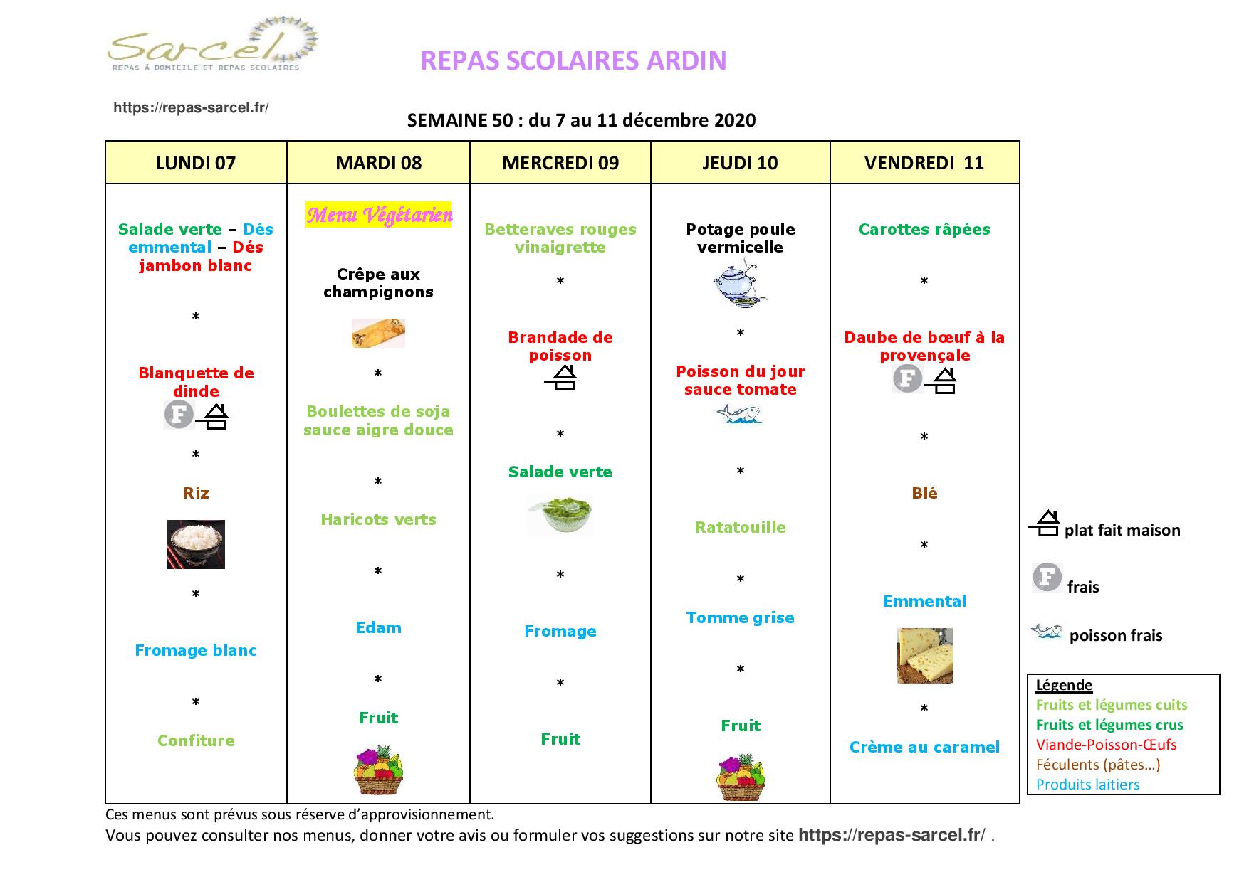 Menus De Cantine - Mairie D'ardin - Site Officiel